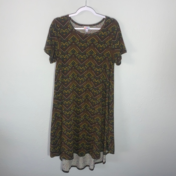 LuLaRoe Aztec Carly Green Yellow Tribal Stretch Swing Trapeze Dress Sz L - Picture 8 of 8